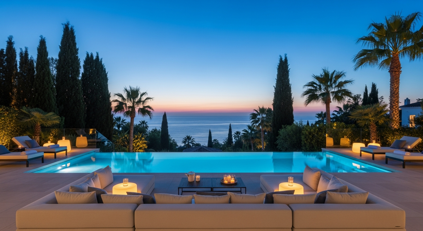 Luxury villa terrace at dusk on the Costa del Sol